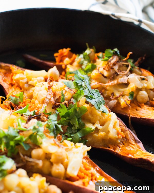 Chickpea-Stuffed Sweet Potatoes in a skillet.