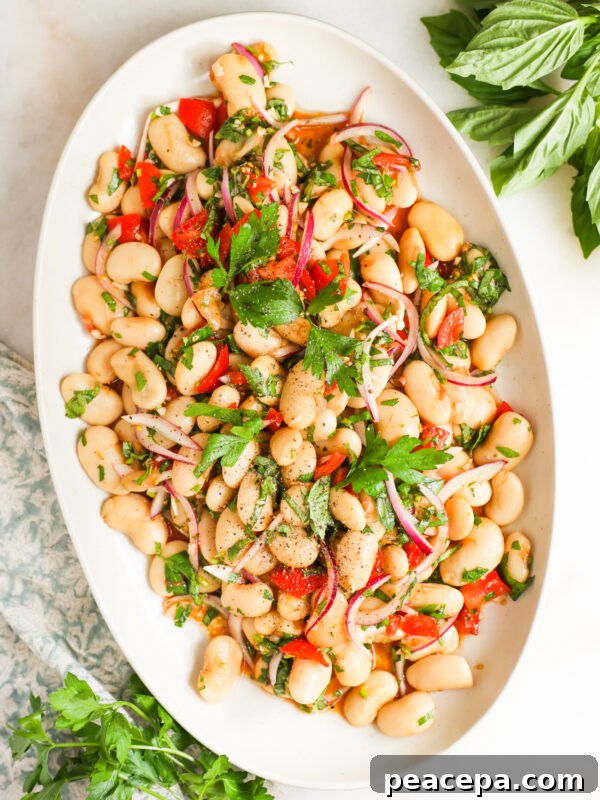 overhead of white bean salad on platter