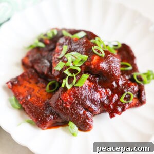 BBQ tempeh on plate.